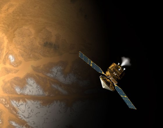 An artist's conception shows NASA's Mars Reconnaissance Orbiter above the Red Planet's surface.