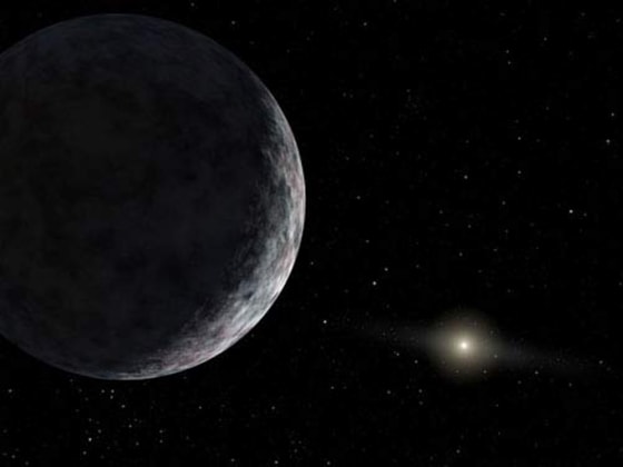 An artist's conception shows 2003 UB313, the purported 10th planet. Astronomers say the frozen world is larger than Pluto. The sun is in the far background.