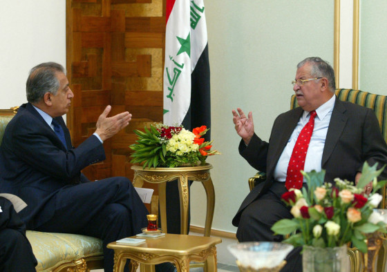 Iraqi President Jalal Talabani, right, meets with the U.S. ambassador to Iraq, Zalmay Khalilzad, at the presidential office in Baghdad on Sunday.