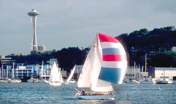 Spinnakered Boat Sailing on Lake Union