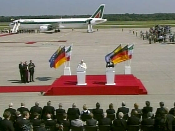Crowds greet Pope Benedict XVI as he lands in Cologne, Germany on Thursday for World Youth Day.