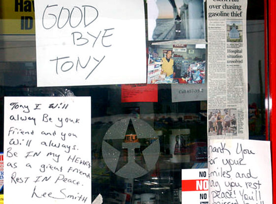A memorial is displayed Monday at the Fort Payne, Ala., Texaco station at exit 222 on Interstate 59, honoring Husain Caddi, the gas station owner that was struck and killed Friday when he attempted to stop a driver from leaving his fuel pump without paying for $52 in gasoline.