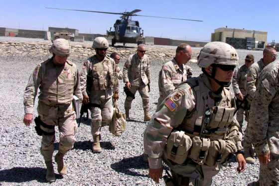 U.S. Army Maj. Gen. Jason Kamiya, foreground right, arrives at a military base in Paktika province in eastern Afghanistan on Tuesday.
