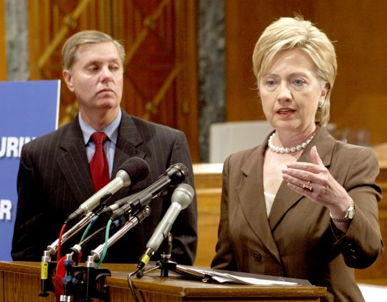 US Senators Hillary Clinton and Lindsey Graham hold a news conference on Capitol Hill