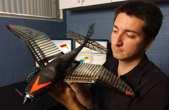 University of Florida aerospace engineer Rick Lind holds a prototype of a tiny surveillance airplane that can change shape during flight.