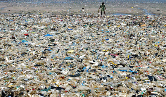 Rag picker collects plastic bags from garbage disposal area next to beach in Mumbai