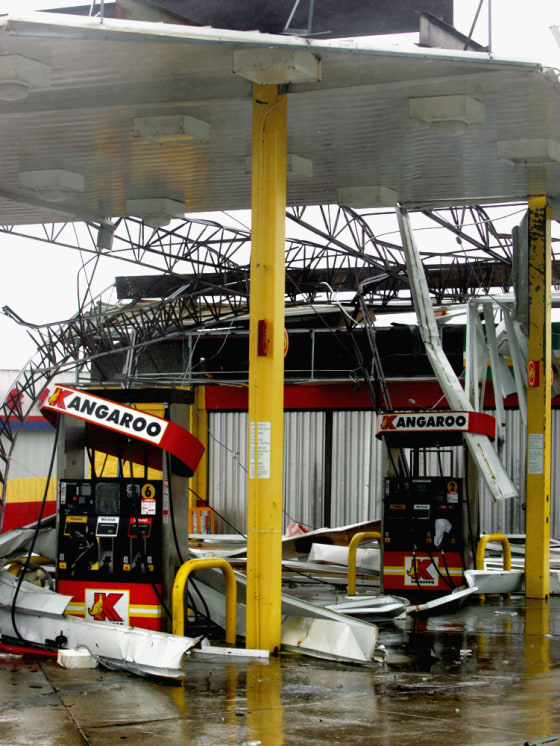 The Kangaroo gas station in Gulfport, Mississippi, is ripped apart by Hurricane Katrina