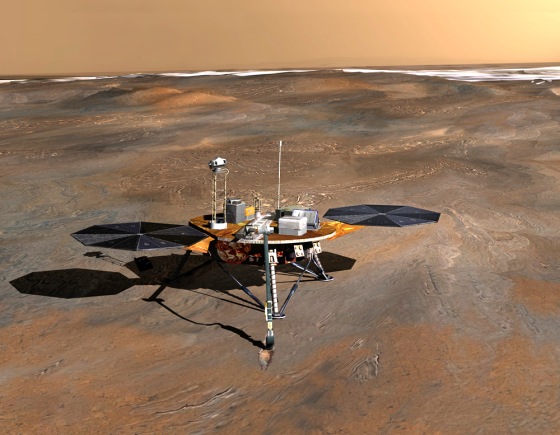 An artist's conception shows the Phoenix lander on the surface of Mars' north polar region, with a sheet of ice in the background.