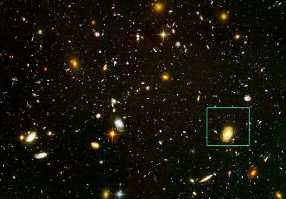 The HUDF-JD2 galaxy, is pinpointed in this view of a small area of sky called the Hubble Ultra Deep Field. This is the deepest image of the universe ever made at optical and near-infrared wavelengths. 