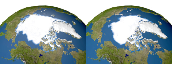 The satellite image on the left shows the minimum concentration of Arctic summer sea ice in 1979, while the image on the right shows the 2005 minimum, which was reached on Sept. 21.