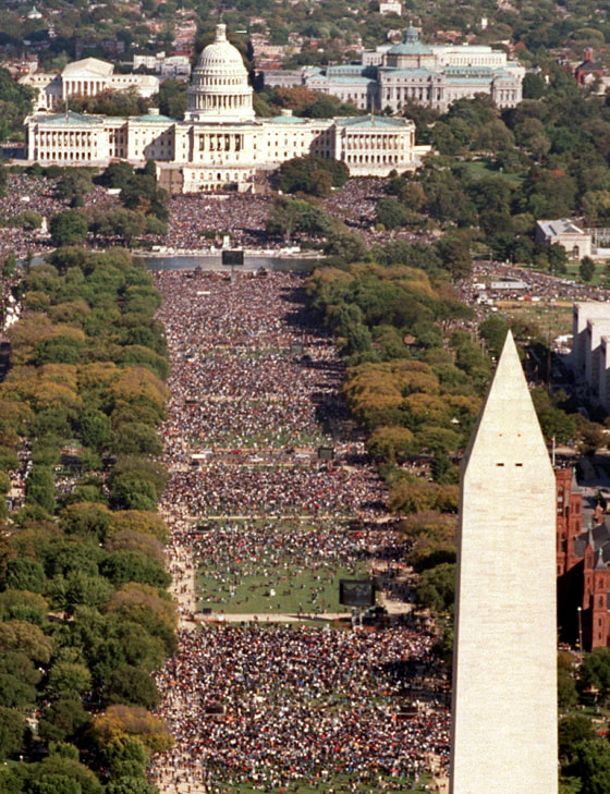 A crowd estimated at up to 1 million is seen in this Oct. 16, 1995, aerial file photo, during the first Million Man March in Washington. The 10th anniversary of the event, scheduled for Saturday, could be a forum for black America to respond to the destruction in New Orleans after Hurricane Katrina.