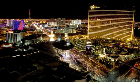 The Wynn Las Vegas is seen from the roof of the Treasure Island Hotel and Casino on the Strip in Las Vegas