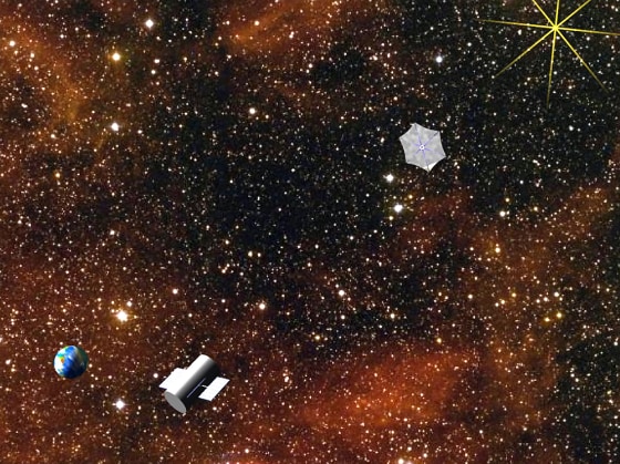 An artist's conception shows the New Worlds Imager's "starshade" placed between a distant star system and a space telescope. The starshade would help funnel the dim light from distant planets into the telescope.