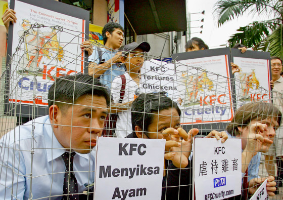 Members of People for the Ethical Treatment of Animals confine themselves to cage during protest outside Kentucky Fried Chicken outlet in Kuala Lumpur