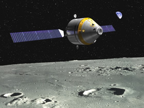 The Crew Exploration Vehicle, equipped with solar arrays, orbits above the moon in this artist's conception from the Northrop Grumman/Boeing team.