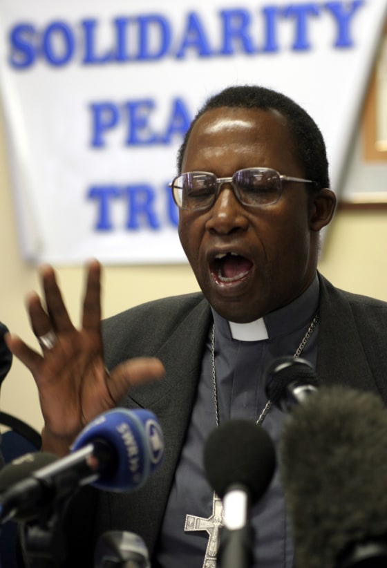Pius Ncube, the Catholic Archbishop of Bulawayo, Zimbabwe, speaks Wednesday at a news conference by the Solidarity Peace Trust in Johannesburg, South Africa.