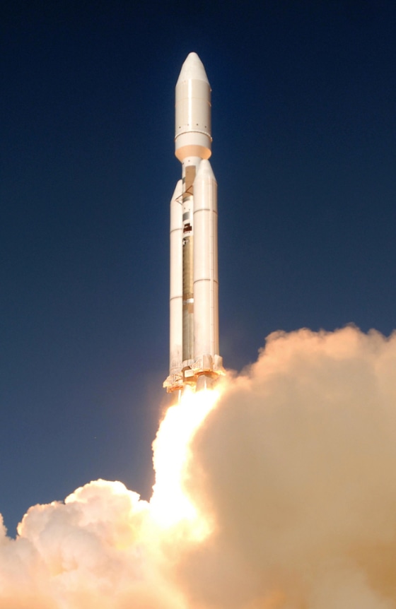 A Titan 4 rocket lifts a secret payload for the National Reconnaissance Office from its launch pad at Vandenberg Air Force Base, Calif., on Wednesday.