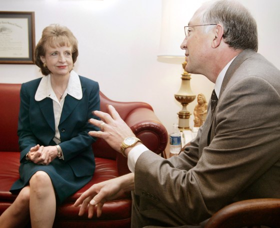 US Supreme Court nominee Miers meets with Senator Salazar on Capitol Hill in Washington