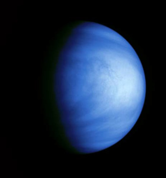 This colorized picture of Venus was taken by NASA's Galileo spacecraft on Feb. 14, 1990, from a distance of almost 1.7 million miles. It has been colorized to a bluish hue to emphasize subtle contrasts in the cloud markings and to indicate that it was taken through a violet filter to highlight the cloud features.