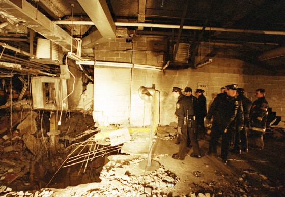 New York City police and firefighters inspect the bomb crater inside the World Trade Center on Feb. 27, 1993, one day after the attack. A jury ruled Wednesday that the Port Authority was negligent in the bombing, a long-awaited legal victory for victims of the attack, which killed six and wounded 1,000.