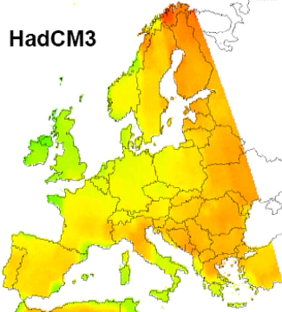 A new study uses this chart to show one of the more extreme scenarios for average temperature anomalies in Europe between 2051-2080. Colors indicate projected temperature rises, compared with the average for 1961-1990. The greenest green represents no increase, while the reddest red represents an increase of 9 degrees Fahrenheit or more.