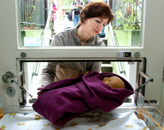 Heidi Rosenfeld, leader of the baby drop project Findelkind, uses a doll to show how a baby drop station in Hamburg,Germany, works. Women can put an unwanted newbornthrough a small opening in a flap door without being registered or recognized.