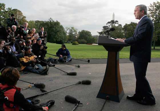 President Bush address reporters at the White House on Friday after senior aide Lewis “Scooter” Libby was indicted and resigned.