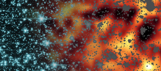 The left side of this image shows the Spitzer Space Telescope's view of the constellation Draco. The right side shows what happens when stars, galaxies and artifacts are masked out. The background has been enhanced to reveal a residual glow that some researchers say could represent the first stars in the universe.