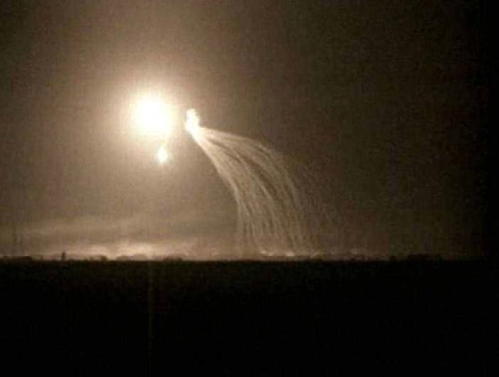 This image from an Italian documentary allegedly shows U.S. forces using white phosphorus in Iraq in November 2004. The documentary alleges troops used white phosphorus shells "in a massive and indiscriminate way" against civilians during the offensive in Fallujah.