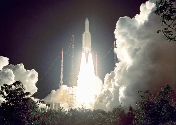 An Ariane-5 ECA launcher takes off in the Kourou base in French Guiana with two telecommunications satellites
