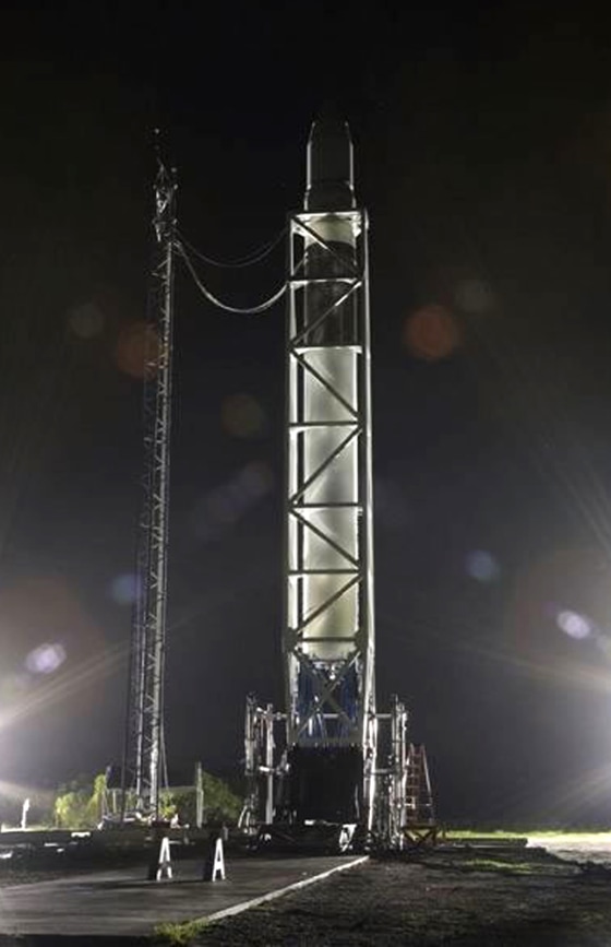 The Falcon 1 launch vehicle sits at SpaceX's launch complex on Kwajalein Atoll in the Pacific, in preparation for next week's liftoff.