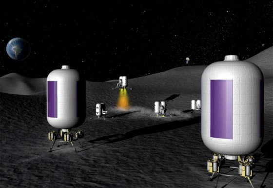 Habitat modules and rocket chairs dot the lunar surface in this illustration showing SpaceDev's approach for human missions to the moon.