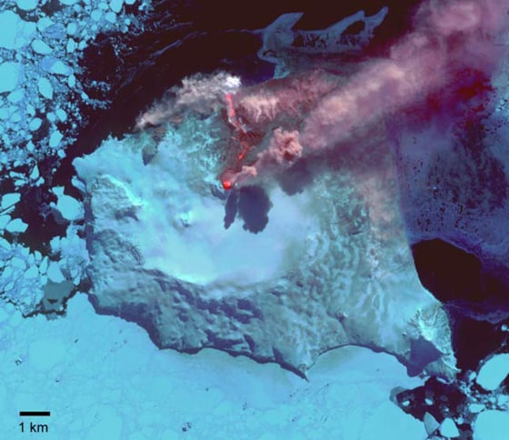 A satellite image shows the eruption of a volcano on Montagu Island in the South Atlantic.