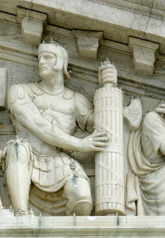 A dentil molding from the facade of the Supreme Court is damaged after a piece of the marble detail fell from the building in Washington