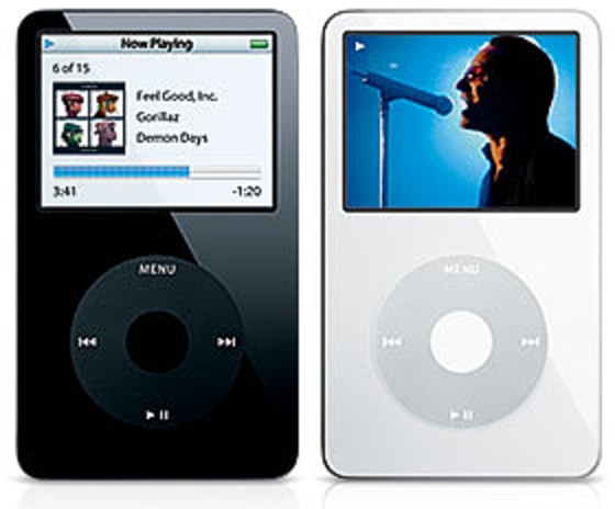 The new, full-sized iPod audio and video players come in black and the familiar white.