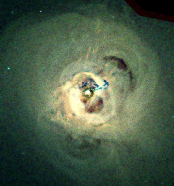 In the galaxy cluster NGC 1275, bubbles appear to be generated by high-speed jets blasting away from the vicinity of the giant galaxy's supermassive black hole. Individual bubbles seen in the inner regions expand and merge to create vast plumes at larger distances.