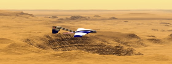 An artist's conception shows a future unmanned aerial vehicle zooming over the Martian surface.