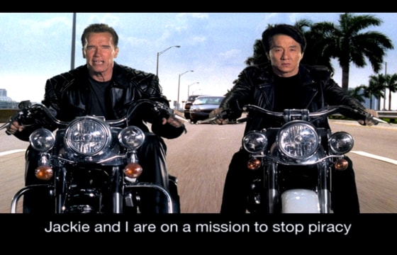California governor Arnold Schwarzenegger and actor Jackie Chan in anti-piracy public service announcement