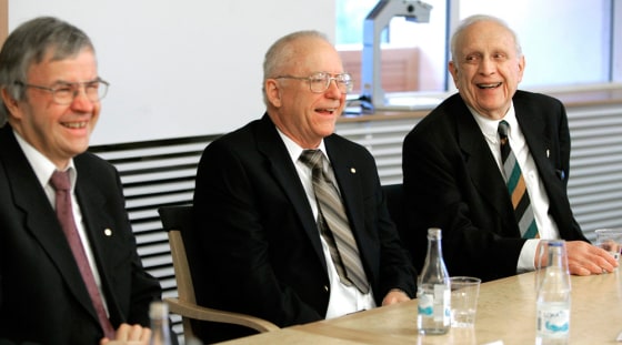 2005 Nobel Physics laureates Theodor W. Haensch of Germany, and John L. Hall and Roy J. Glauber of the United States smile Thursday during a press conference at Stockholm University in Stockholm, Sweden.