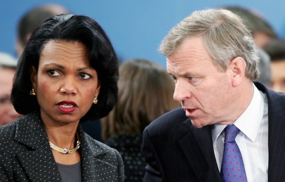 US Secretary of State Rice talks with NATO Secretary-General de Hoop Scheffer at NATO headquarters in Brussels