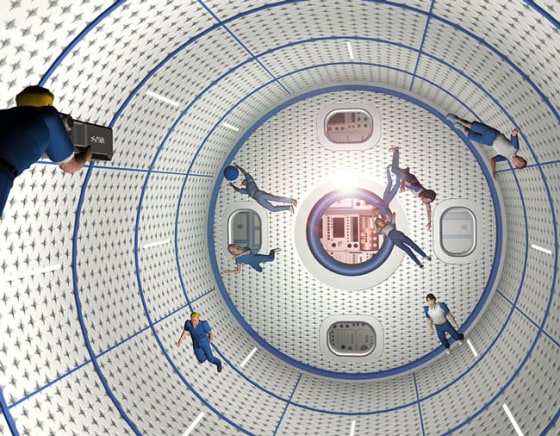 An artist's conception shows zero-gravity players tossing around a ball as part of space-themed sport.