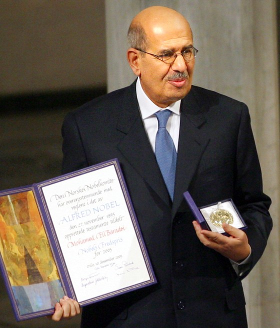 Nobel Peace Prize laureate Mohamed ElBaradei accepts his prize at City Hall in Oslo, Norway, on Saturday.