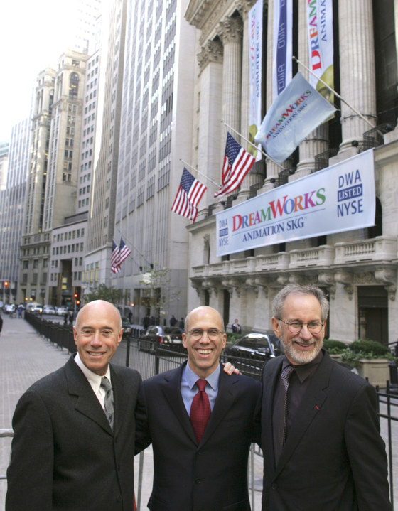 DreamWorks founders David Geffen, left, Jeffrey Katzenberg, center, and Steven Spielberg celebrate their IPO outside the New York Stock Exchange last year. Paramount Pictures has agreed to buy their film studio in a deal worth $1.6 billion.