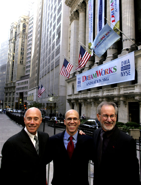 DreamWorks founders David Geffen, left, Jeffrey Katzenberg, center, and Steven Spielberg celebrate their IPO outside the New York Stock Exchange last year. Paramount Pictures announced Dec. 11 it had agreed to buy their film studio in a deal worth $1.6 billion.