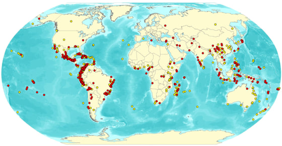 A global map pinpoints sites of imminent species extinction. Fully (203) or partially (87) protected areas are in yellow; unprotected (257) or unknown-status (48) areas are in red.