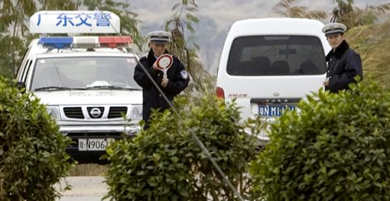 A police checkpoint at Dongyong near Shanwei, Guangdong, on Tuesday. Authorities stepped up checks on vehicles going into the area where police officers sealed off a village after fatally shooting demonstrators.