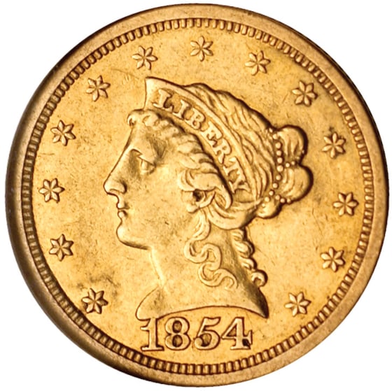 Undated photo provided by American Nusismatic Rarities shows the front of the "Quarter Eagle" a dime-sized gold coin made with California Gold Rush ore at the San Francisco Mint in 1854.