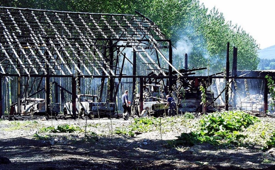 The crimes cited in a ecoterrorism indictment include this fire in Clatskanie, Ore., in 2001. The fire destroyed buildings and vehicles at a nursery that extremists said was experimenting with genetically modified plants.