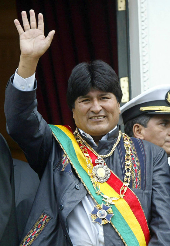New bolivian president Evo Morales waves