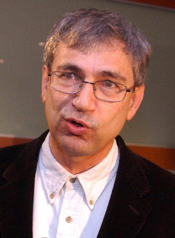 File photo shows Turkish novelist Pamuk making speech at meeting of writers in Istanbul